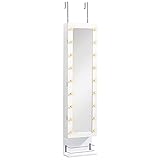 HOMCOM Hängender Schmuckschrank mit LED Spiegelschrank mit Schublade Regal Wandspiegel Türspiegel höhenverstellbar Weiß 130 cm hoch