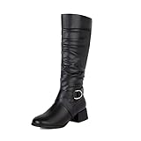 Kniehohe Stiefel für Damen, Schnalle, runde Zehen, hohe Stiefel, plissiert, niedriger Absatz, lässig, PU-Leder, Winterschuhe, Schwarz , 40.5 EU