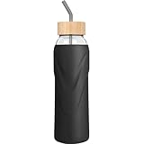 DEARRAY 1l Trinkflasche Glas Flasche mit Strohhalm, 1 liter bpa frei Bambusbezug Glasflasche Wasserflasche mit Silikonhülle für Smoothie, Früchte Kohlensäure geeignet (Tiefschwarz)