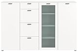 Kommode Xeno in weiß 2 Türen 9 Einlegeböden 4 Schubkästen Vollauszug Softclose Schubkasten Flur, Diele, Arbeitszimmer, Wohnzimmer, Esszimmer Glasrahmentür mittig wechselbar 179x115x37 (BxHxT)