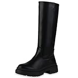 VAN HILL Damen Leicht Gefütterte Plateaustiefel Stiefel Blockabsatz Schuhe Profilsohle Plateauschuhe Freizeit Plateau Vorne Boots 208849 Schwarz 41