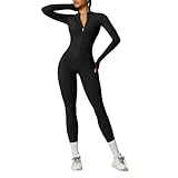 OEAK Damen Sport Jumpsuit Lang Eng Yoga Overall Langarm Rollkragen Playsuits mit Reißverschluss Nahtloser Bodysuit Bodycon Strampler Einteiler Romper,Kohlenschwarz,L