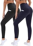 DDOBB 2er Pack Sport Leggings Damen High Waist Sportleggins Damen Lang Mit Taschen Gym Leggings Blickdicht Schwarz Sporthose Elastische Bauchweg Yogahose Fitness Laufhose(Schwarz+Navy,L-XL)