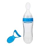 OUCRIY 90 Ml Silikon-Baby- und Kleinkind-Flasche mit Löffel, Frische Lebensmittel, Müsli, Quetschspender (Blau)