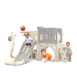 hoopyosms Kinder Rutsche mit Klettergerüst, Basketballkorb und Tunnel, Indoor-Kunststoffrutschenset für Kinder, Montessori-Spielzeug für den Spielplatz, Grau