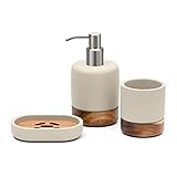 Creativefine Modern Badezimmer-Zubehör-Set aus Holz, Badaccessoires-Set, 3-teiliges Bad Set aus Seifenspender, Seifenschale u. Zahnbürstenhalter