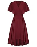 CURLBIUTY Damen Elegant Chiffonkleid V-Neck Rüschen Kurzarm Cocktailkleid Knielang Brautkleid Rotwein 48