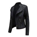 Damen Stehkragen Leder Kurze Jacke Schlanke Lederjacke Damen Motorradjacke Casual Lederimitat Streetwear Slim Übergangsjacke Bikerjacke,Black,M