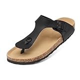 Mesing Zehentrenner Pantoletten Damen mit Natur Kork Fussbett Wildleder Flip Flops Rutschfest Sommer Slip On Flach Sandalen mit Verstellbare Schnalle XZ406-Black-EU38