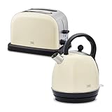 KHG Frühstücksset 2-teilig Kessel-Wasserkocher & Toaster, Creme Beige Retro American Diner Stil, 1,7 Liter & 2 Toastscheiben, 360° Sockel, Kalkfilter, 6 Röstgradstufen, Auftau- & Aufwärmfunktion