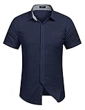 COOFANDY Herrenhemd Kurzarm Leinenhemd Kentkragen Herren Shirt Freizeit Casual Marine blau L