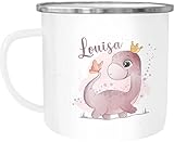 SpecialMe® Kinder-Tasse Emaille Dino Dinosaurier Schmetterling personalisierte Tasse mit Name individuelle Geschenke Mädchen emaille-weiß-silber standard