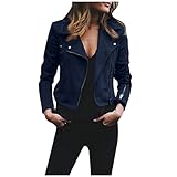 Rrongwn Jacke Damen Übergangsjacke Motorrad Oversized Jacke Klassisch Bikerjacke Elegant Retro Lederjacke Reißverschluss Mantel Kurz Leicht Übergangsjacke Vegan Mode Windjacke Outdoor Mantel