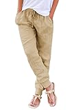 Hose Damen Sommer Casual Baumwolle Leinen Stoffhose Einfarbig Freizeithose Stretch Leicht Leinenhose Straight Leg Hose und Taschen (Z Khaki, L)