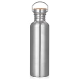 Trinkflasche Edelstahl 1L, Nicht Isolierte Einwandige Edelstahl Trinkflasche, BPA-Frei Auslaufsicher Metall Wasserflasche, Outdoor Trinkflasch für Sprudel, Sport, Schule, Fitness