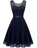 Berylove Damen Spitzenkleid Brautjungfer Elegant Party Knielang Cocktailkleid Chiffon Ärmellos BLP7005B-NavyM