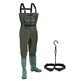 Fiqops Wathose Herren Wasserdicht, Anglerhose Herren 70D Nylon Composite PVC, Wathose Damen mit rutschfesten Gummistiefeln, Wathose Neopren für Angeln, Bauernhöfe, Bauarbeiten, Größe:42