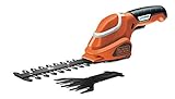 Black+Decker Akku-Strauch- und Grasschere werkzeugloser Klingenwechsel (7 V, Laufzeit ca. 50min, leichtes Gewicht inkl. Ladekabel und Ladestation, 3 Stufen-Ladestandanzeige) schwarz orange, GSL700