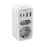 TESSAN Doppelstecker für Steckdose, Steckdosenadapter mit 2 USB C und 2 USB A, Mehrfachstecker USB C 3600W, Doppelsteckdose für Phone und Haushaltsgeräte, Mehrfachsteckdose mit USB C, Grau