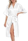 Lovasy Bademantel Damen Satin Japanisch Kimono Jacke Damen mit Gürtel Sexy Morgenmantel Leicht Pyjama für Hochzeit Braut Party,Weiß,L