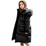 linboo Winterjacke Mädchen Mittlere Länge Wintermantel mit Fellkapuze Steppjacke Winddicht Daunenjacke mit Gürtel Parka Jacke Kinder Winter Mantel Outdoorjacke, Schwarz, 158-164(Herstellersgröße: 160)