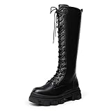 DREAM PAIRS Kniehohe Damenstiefel Stiefel Damen rutschfeste Laufsohle Stylisch und Praktisch Winterstiefel Klassische Schnürstiefel für Damen mit Plateausohle,Size 40.5,Schwarz/pu,SDKB221W