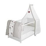 roba Babybett Set Adam & Eule - 70 x 140 cm - Mitwachsendes Kinderbett mit Bettwäsche, Himmel, Matratze - Höhenverstellbar - zu Juniorbett umbaubar - Holz weiß