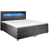 Juskys Boxspringbett Vancouver 180x200 cm — Doppelbett mit LED-Beleuchtung, Topper & Bonell-Federkern-Matratzen — Bett Polsterbett Grau mit Stoff