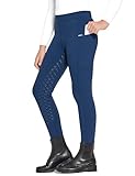 FitsT4 Sports Winterreithose Kinder Winter Reitleggings Mädchen Silikon Vollbesatz Thermo Reithose mit Handytasche und Taschen,Militärblau,XL