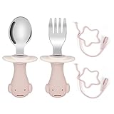 Vicloon Baby Gabel und Löffel Set,Baby Fütterlöffel lernen Löffel aus Extra Edelstahl mit Weich Silikon, BPA Frei,Lernlöffel Fütterung Training Löffel Baby, Kleinkind, Kinder - Rosa Pinguin