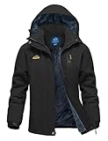 donhobo Damen Outdoor Winterjacke Winddichte Wasserdicht Softshell Jacke Warm Fleece Skijacke Funktionsjacke mit Abnehmbarer Kapuze, Schwarz, M