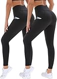 DDOBB 2er Pack Sport Leggings Damen High Waist Sportleggins Damen Lang Mit Taschen Gym Leggings Blickdicht Schwarz Sporthose Elastische Bauchweg Yogahose Fitness Laufhose(Schwarz*2,S-M)