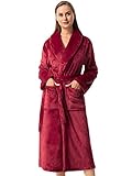 vislivin Fleece Bademantel Damen Lang Bademantel Flauschig Morgenmantel Schalkragen Saunamantel Women Robe Weinrot L