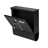 Wiltec Briefkasten schwarz 300 x 85 x 330 mm, Wandbriefkasten mit Zeitungsfach, Schloss, Sichtfenstern und Namensschild, Postkasten aus Stahl galvanisiert