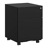 SONGMICS Rollcontainer, Metallschrank, mobiler Aktenschrank, Druckertisch, abschließbar, 3 Schubladen, Unterschrank, vormontiert, Büro, Homeoffice, 45,1 x 39 x 53,8 cm, tintenschwarz OFC63BK