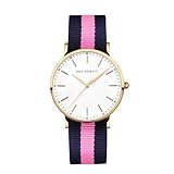 PAUL HEWITT Damen Uhr Gold Line – Goldenes Gehäuse, Weißes Zifferblatt, NATO-Armband Blau-Pink, Zeitloses Design, 34mm