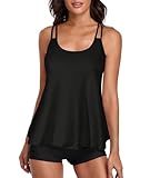 wihnsinop Tankini Damen Badeanzug Bauchweg Bademode Oberteil Set Damen Freizeit Tankini Badeanzug Zweiteiler Tankini Set Sommer Elegant Badeanzüge für Damen Tankini mit Badeshorts Schwarz XL