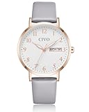 CIVO Damenuhr Lederarmband Grau Elegant - Uhren Damen Analog Quarz Datum Wasserdicht Armbanduhr Frauen Minimalistisch Mode Kleid Geschenke für Damen