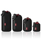 POLAM-FOTO Objektivtasche Set aus Neopren Objektivbeutel für Kamera Objektiv in 4 Größen, Multi Pack Objektivtaschen für Canon, Nikon, Tamron, Sigma, Pentax, Objektive, Schwarz/Rot