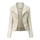 YYNUDA Damen Lederjacke Kurz Bikerjacke Reverskragen Reißverschluss Leder Jacke Übergangsjacke Kurze Jacke Beige M