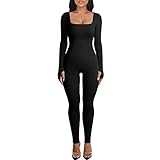 Menore Women's Yoga Jumpsuits Workout Ribbed Long Sleeve Soft Sports jumpsuits Square Neck Figure-Hugging One-Piece