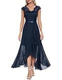 Bbonlinedress Abendkleid elegant für Hochzeit Spitzenkleid Chiffon Kleid Brautkleid Party Abschlusskleid lang Winter Ballkleid Navy L