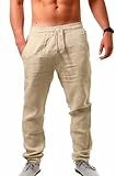 Cegerne Herren Leinenhose Lang Leicht Sommerhose Mittelalter Loose Fit Casual Freizeithose für Urlaub Strand Alltag, Beige, M