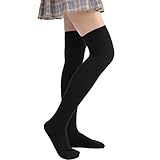 Soudittur Damen Kniestrümpfe Overknee Strümpfe Warme Knitting High knee Socks Mädchen Sport Socken Leggings Strümpfe Cheerleader Baumwollstrümpfe (1 Paar Schwarz - A)