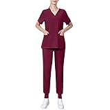 Frauen Casual Kurzarm V-Ausschnitt Nursed Arbeiten T Shirts Top mit Tasche und Lange Hosen Einfarbig Set Outfit Suite 269, wein, XL