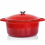 VeoHome Gusseisentopf 6L Bräter Gusseisen Topf rot - Schmortopf |Bratentopf | Bratpfanne | Kochtopf| Schmor- oder Bratgerichte Eintopf, Brotbacken| Dutch Oven|Backofengeeignet| Emaille