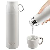 Thermoskanne mit Becher, 500 ml Thermosflasche Edelstahl Termosflaschen, Trinkflasche Edelstahl Auslaufsicher Doppelwandig BPA-Frei, Thermoskanne mit becher für Kaltes & Heißes (Cremefarben)