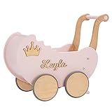 Puppenwagen ab 1 Jahr - Individuell mit Namen - Handgefertigter Puppenwagen - Holzpuppenwagen - Sicher Abgerundete Kanten - Ausdrucksstarke und Schöne Farben (Puderrosa)