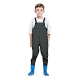 Wathose Kinder Wasserdicht mit Stiefel Kinderwathose Matschhose Jungen Anglerhose mit Stiefel Mädchen Regenhose mit Stiefeln Junior Hosenträger Matschhose Regenstiefel rutschfeste Sohle Gummistiefel