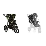 Hauck Dreirad Buggy Runner/Extra Große Luft Räder/Belastbar bis 25 kg/Liegeposition/XL Korb/Schwarz Neon Gelb & Universal Regenverdeck für 3 Rad Wagen, Shopper und Buggys – Transparent